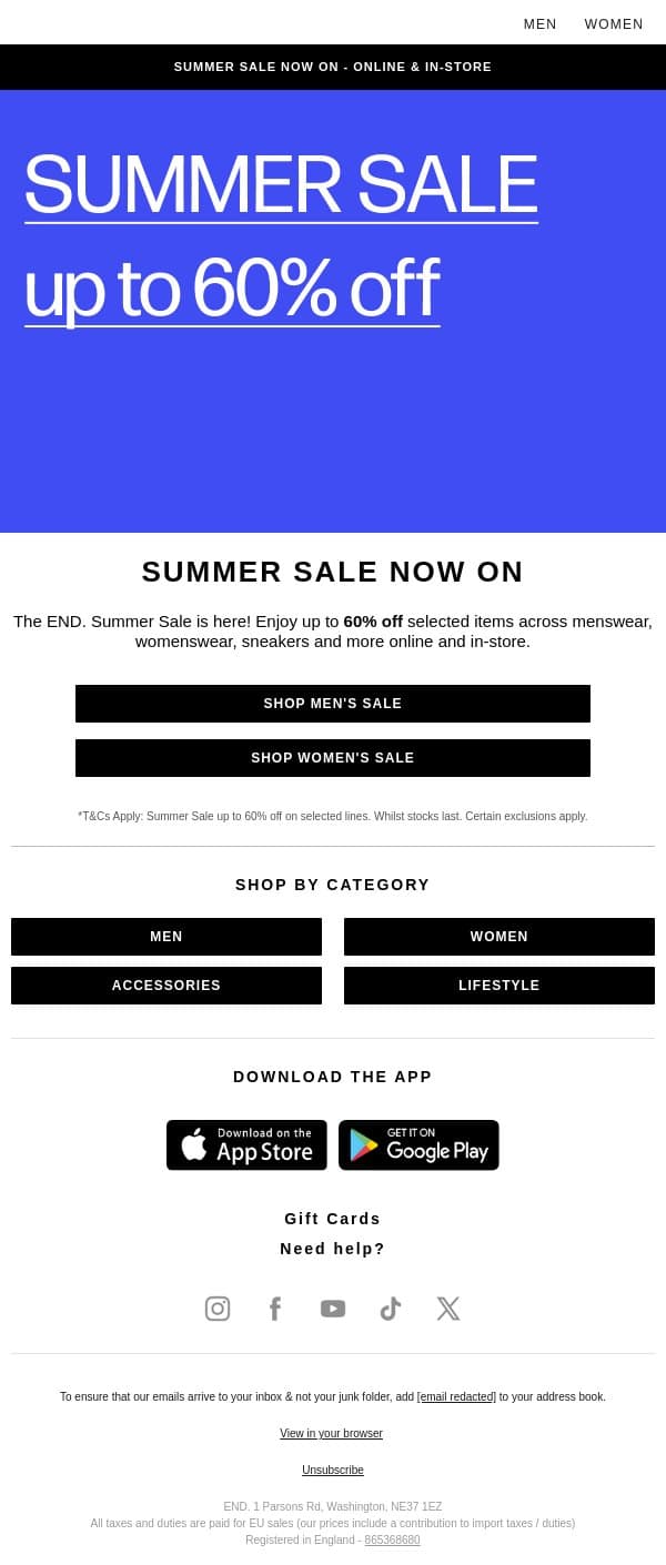 Summer Sale now LIVE | Up to 60% off email from END. screenshot