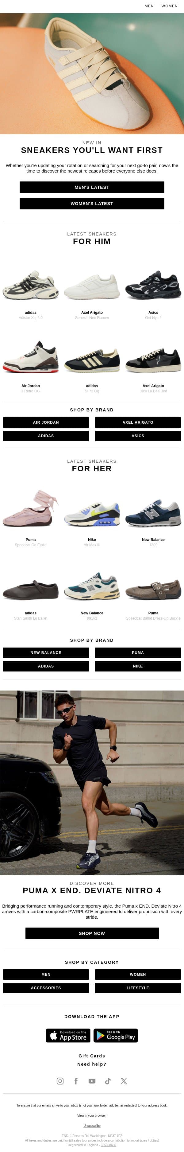 New sneakers from Axel Arigato, adidas, Puma, & more email from END. screenshot