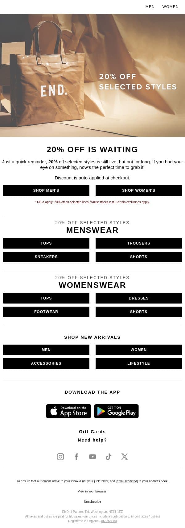 A little reminder: 20% off selected styles email from END. screenshot