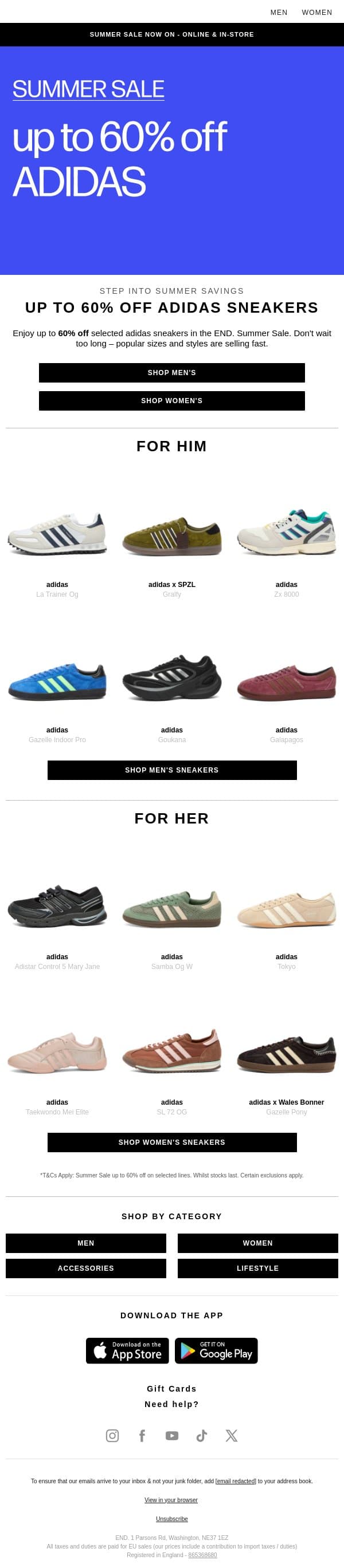 Save up to 60% on adidas sneakers email from END. screenshot