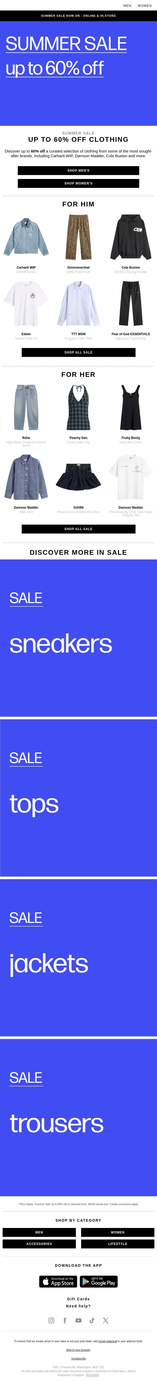 Up to 60% off clothing from Carhartt WIP, Damson Madder, Cole Buxton & more email from END. screenshot