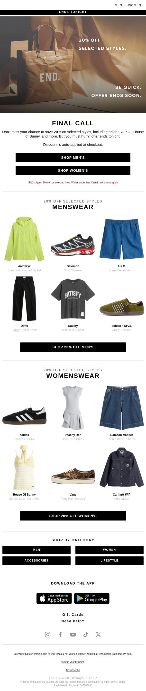 Ends tonight | 20% off selected styles email from END. screenshot