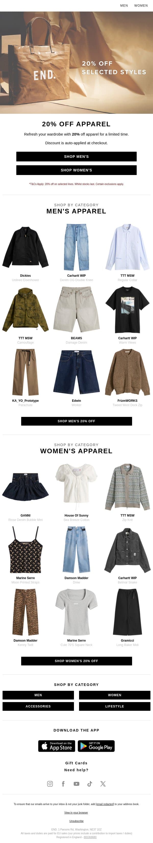 20% off Carhartt WIP, TTT MSW, Marine Serre & more email from END. screenshot