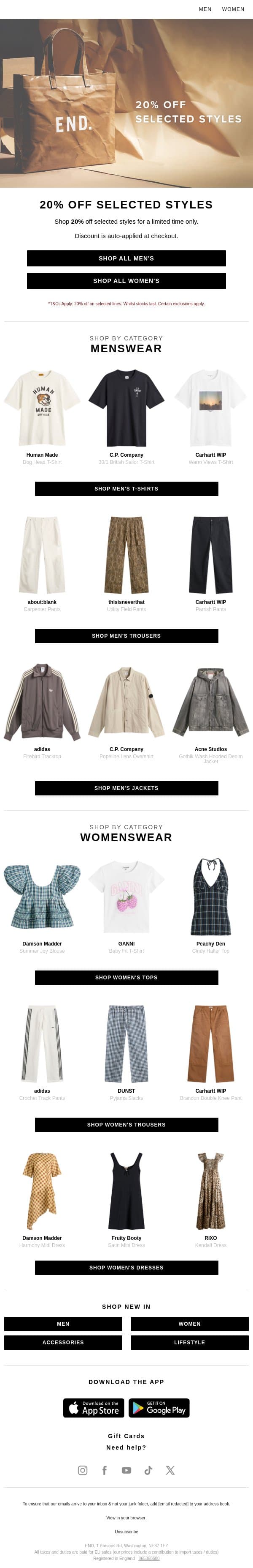 20% off selected styles | Shop t-shirts, trousers & more email from END. screenshot