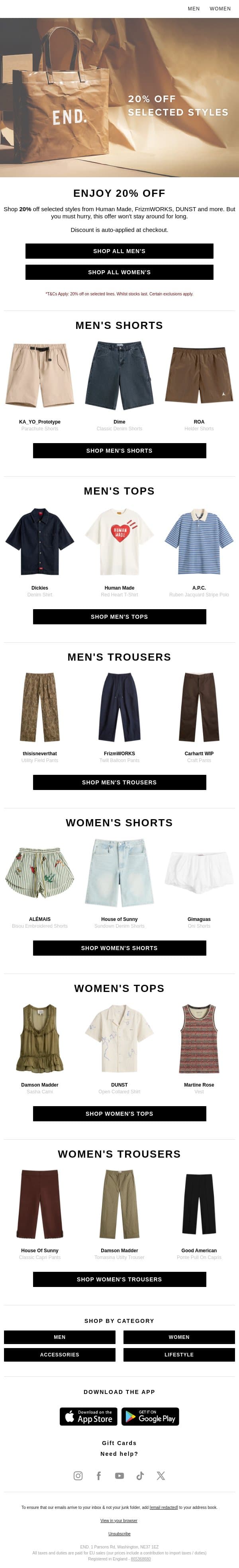 20% off summer continues! email from END. screenshot