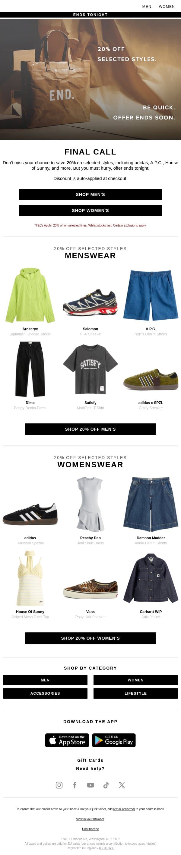 Last chance: 20% off ends tonight email from END. screenshot