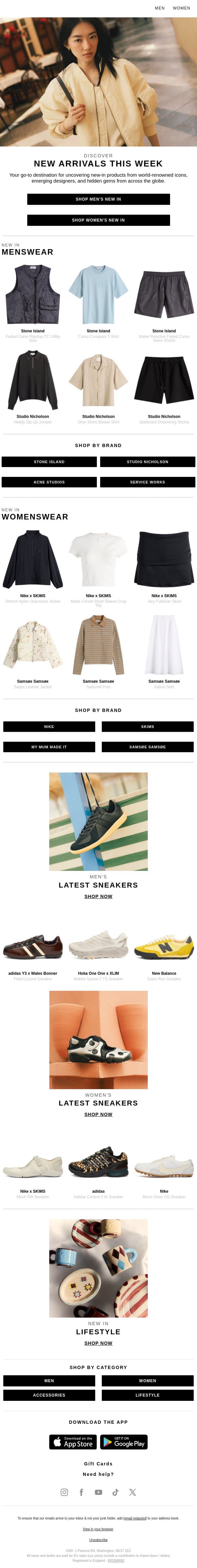 350+ new arrivals from Stone Island, Nike x SKIMS & more email from END. screenshot