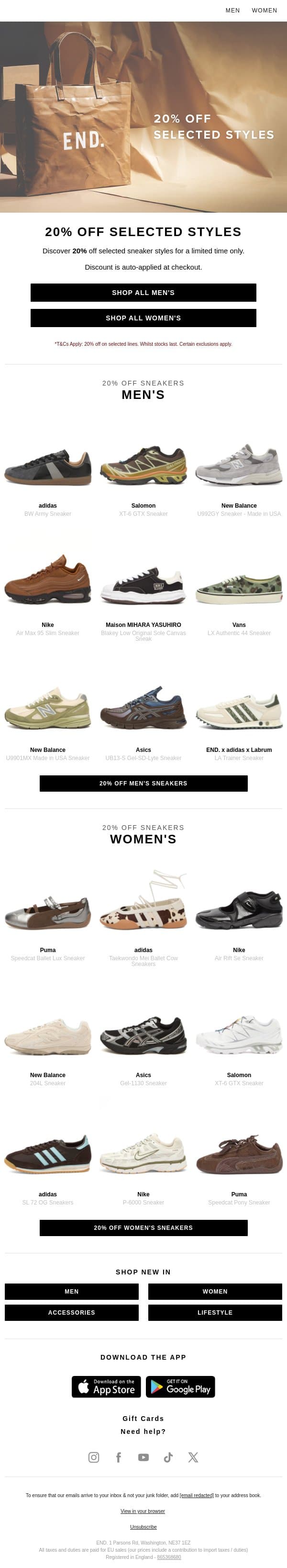 20% off selected adidas, Nike & more email from END. screenshot