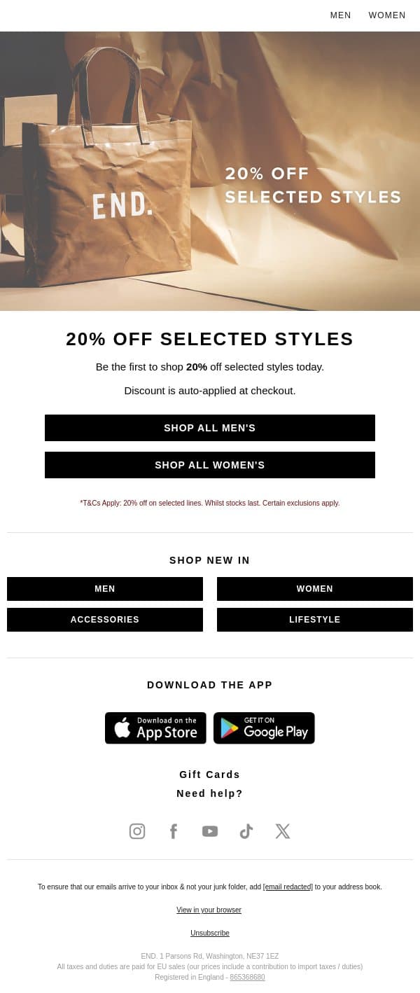 Live now! 20% off selected styles email from END. screenshot