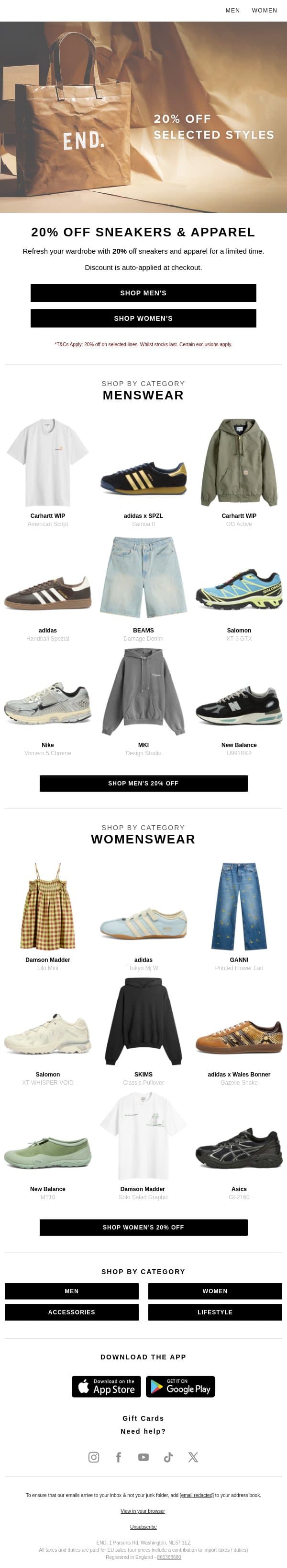 Shop 20% off sneakers and apparel email from END. screenshot