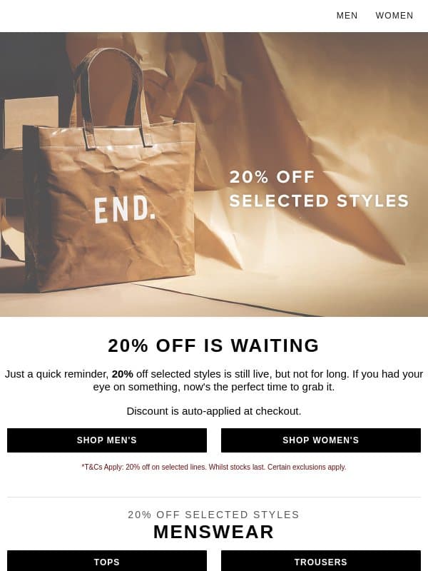 A little reminder: 20% off selected styles email from END.