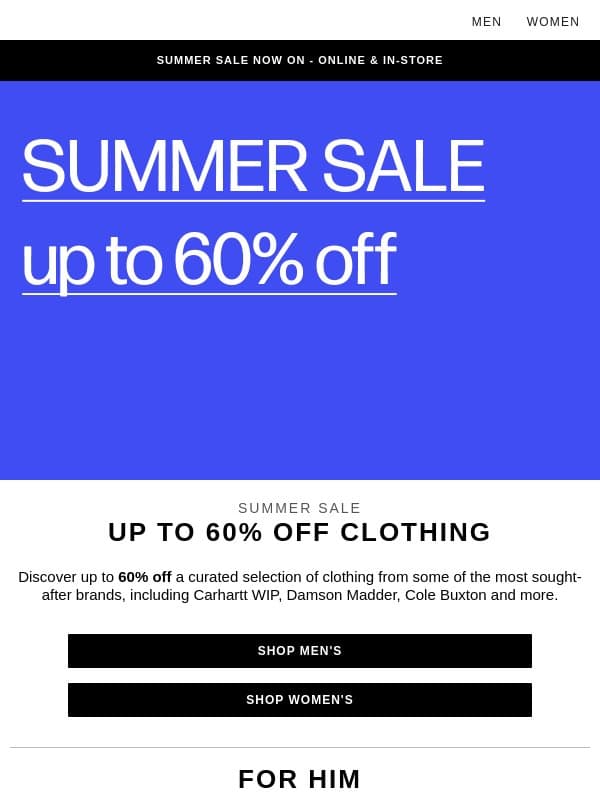 Up to 60% off clothing from Carhartt WIP, Damson Madder, Cole Buxton & more email from END.