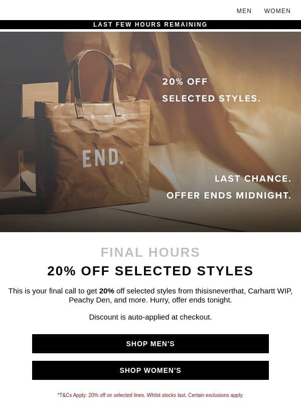 FINAL HOURS | 20% off selected styles email from END.