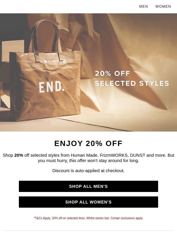 20% off summer continues! email from END.