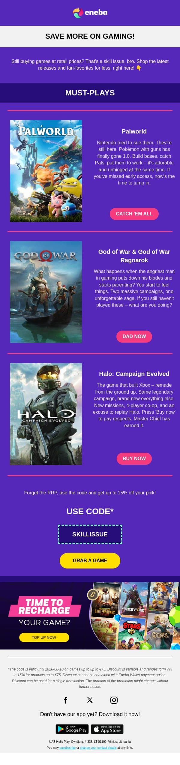 Up to 15% off on games!💥 email from Eneba screenshot