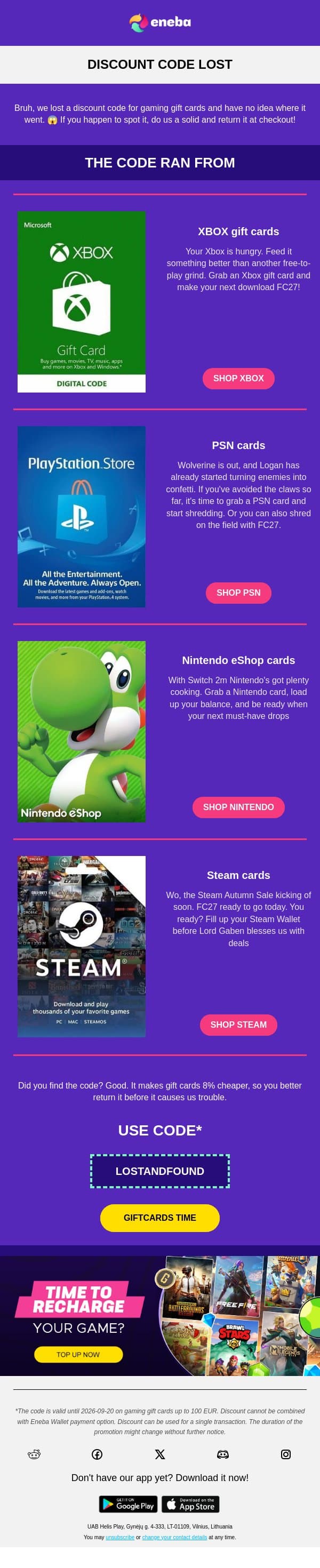We lost a discount code...🥹 email from Eneba screenshot