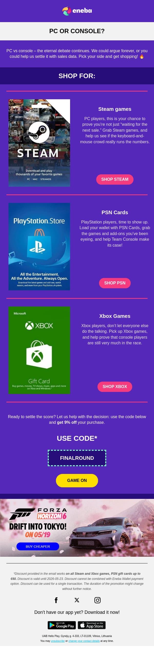 PC or console? 🤔 email from Eneba screenshot