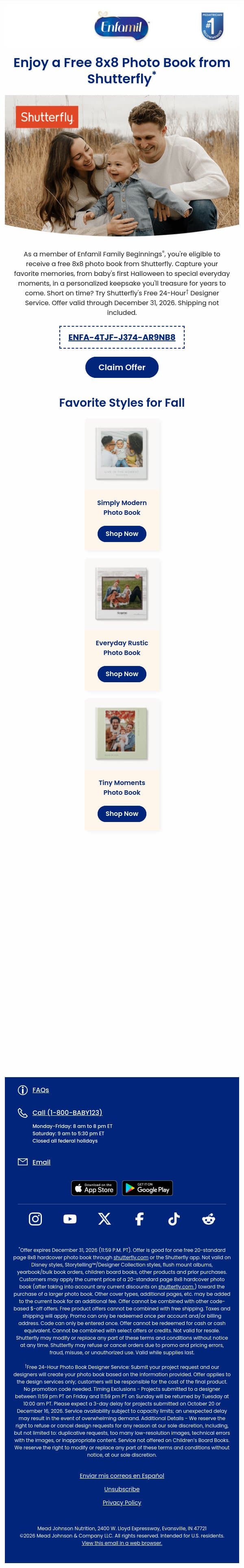 Grab your FREE photo book from Shutterfly! 🧡 email from Enfamil screenshot