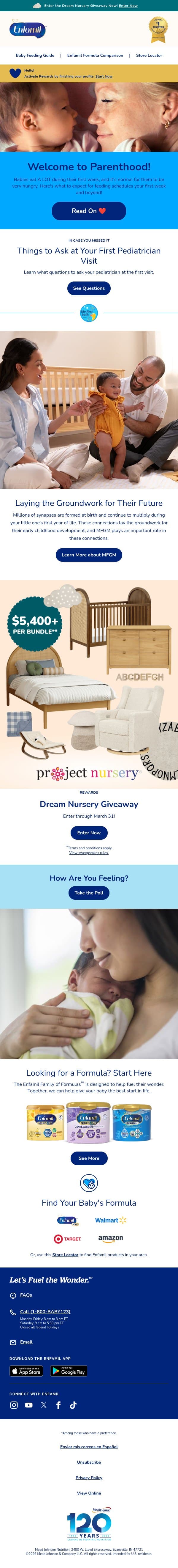 Welcome to parenthood! Your newborn is hungry--how often should you feed them your first week? email from Enfamil screenshot