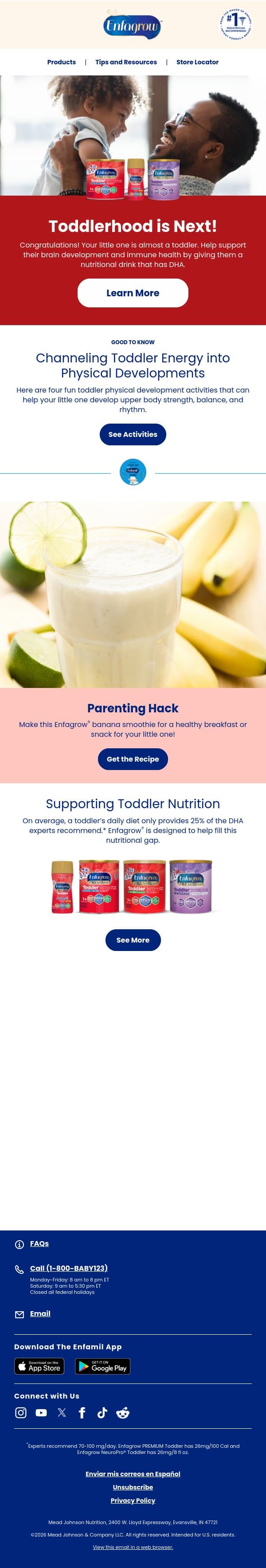 Your toddler's update: What to expect as your little one enters into toddlerhood! email from Enfamil screenshot