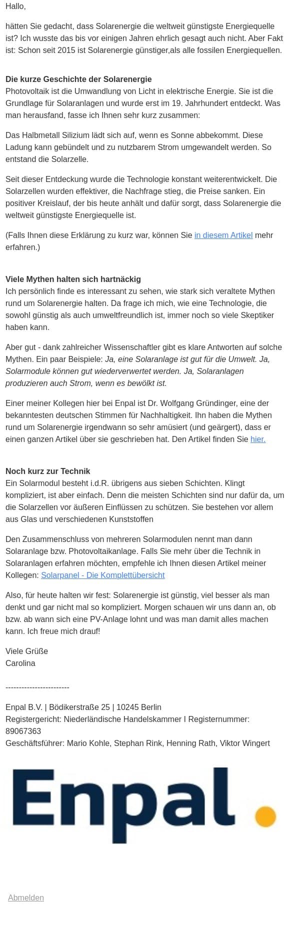 Was ist die günstigste Energiequelle weltweit? 🤔 email from Enpal screenshot