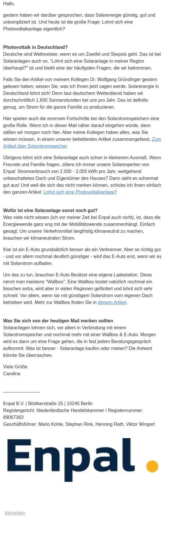 Wann lohnt sich eine PV-Anlage? ✅ email from Enpal screenshot