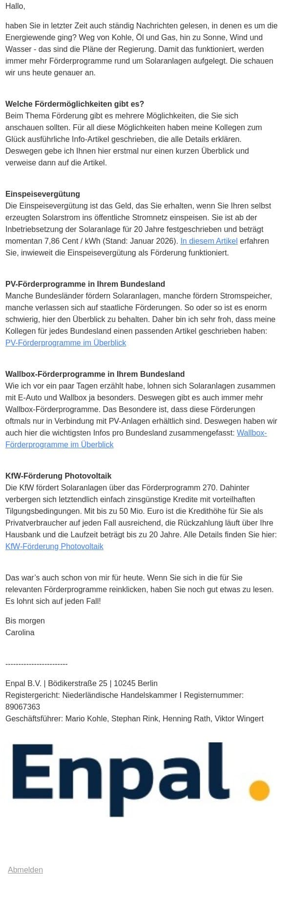 Wie Sie von PV-Förderungen profitieren können 😍 email from Enpal screenshot