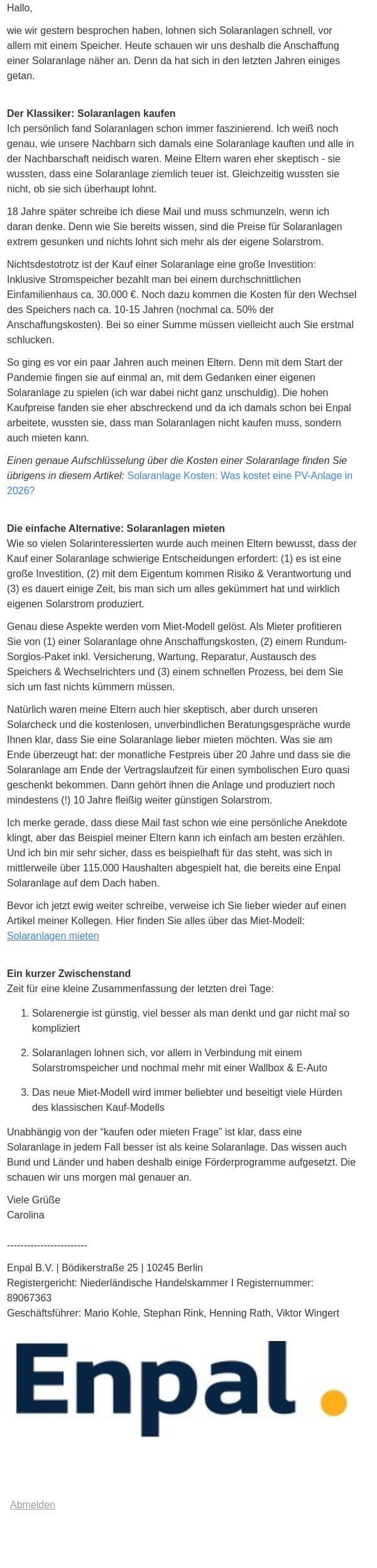 Was ist besser: Solaranlage kaufen oder mieten? 💰 email from Enpal screenshot