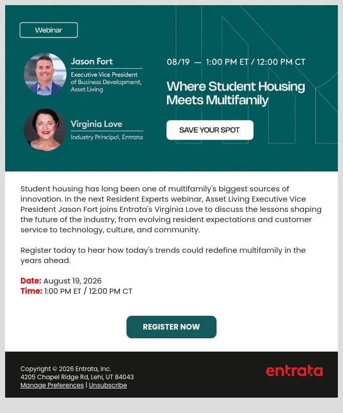 Resident Experts from Entrata: Where Student Housing Meets Multifamily webinar email from Entrata screenshot