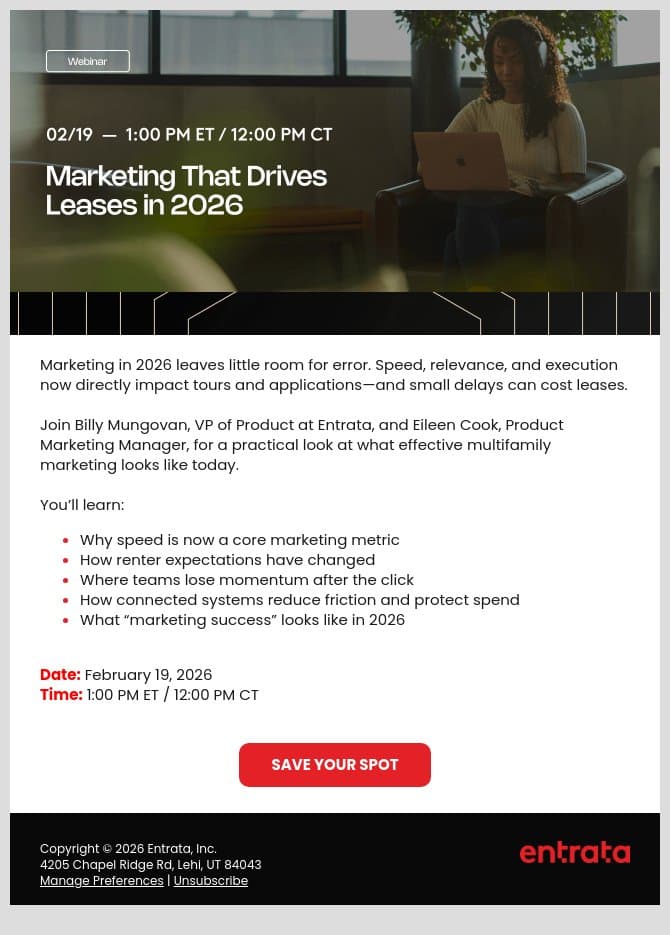 💻 New Entrata Webinar: Marketing That Drives Leases in 2026 email from Entrata screenshot