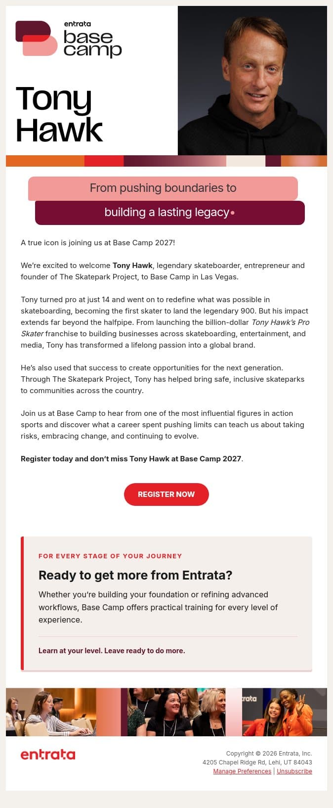 🛹 Tony Hawk joins Base Camp 2027 email from Entrata screenshot