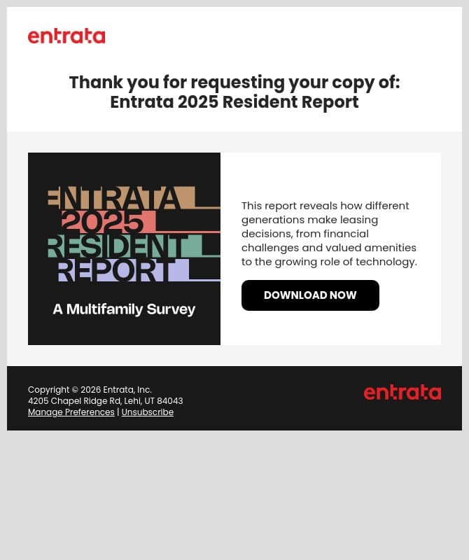 Here's your e-book! | Entrata 2025 Resident Report email from Entrata screenshot