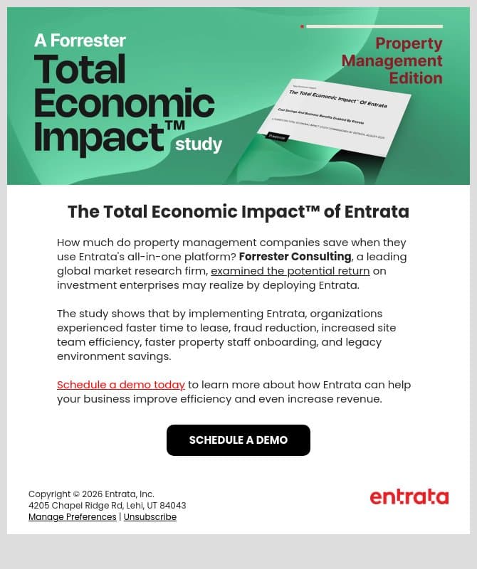 Cost Savings and Benefits Enabled By Entrata email from Entrata screenshot