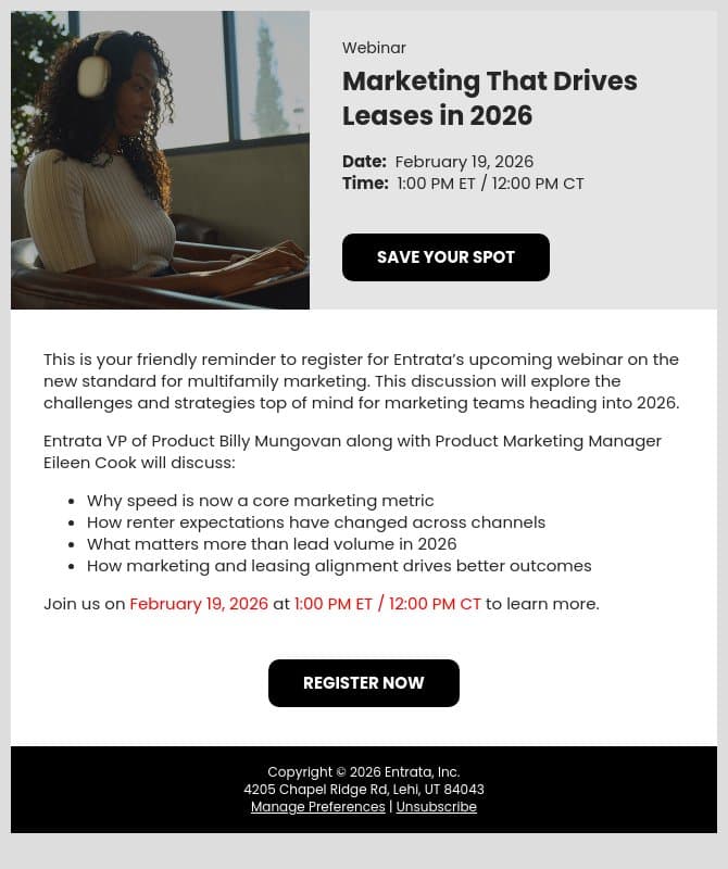 Marketing That Drives Leases in 2026 – Webinar Reminder email from Entrata screenshot