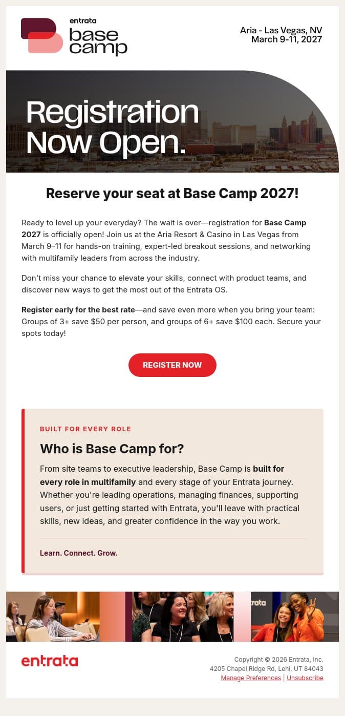 🏕 Registration Is Now Open for Base Camp 2027! email from Entrata screenshot
