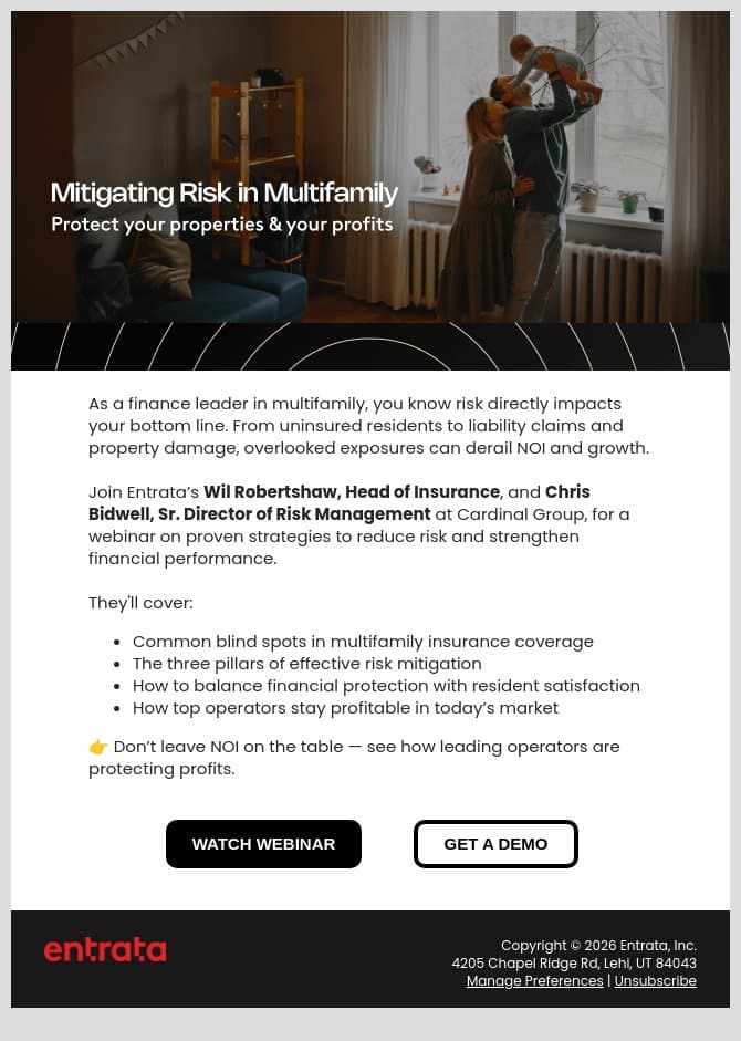 🛡 How Finance Leaders Can Stay Ahead of Risk in Multifamily email from Entrata screenshot