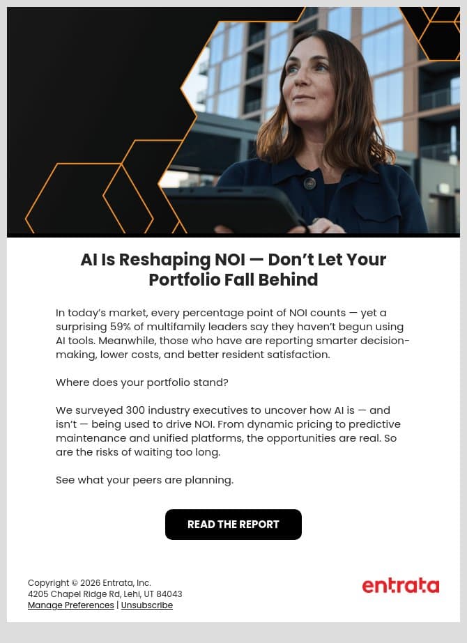 Unlock NOI Growth with AI: What the Top 41% Are Doing Differently email from Entrata screenshot