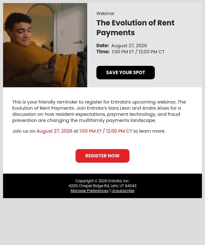 The Evolution of Rent Payments – Webinar Reminder email from Entrata screenshot