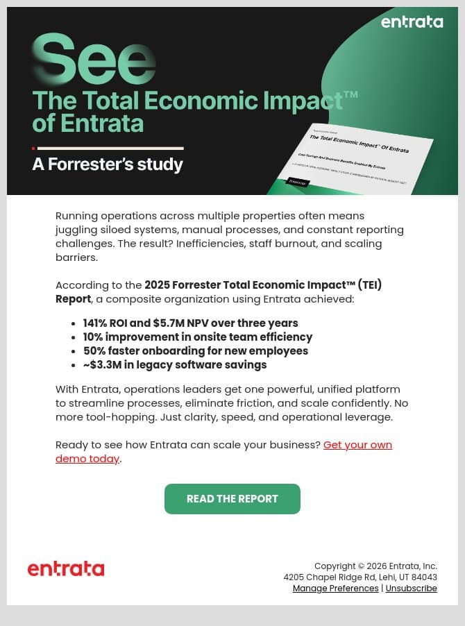💰 Eliminate Redundant Tools, Reduce Costs email from Entrata screenshot