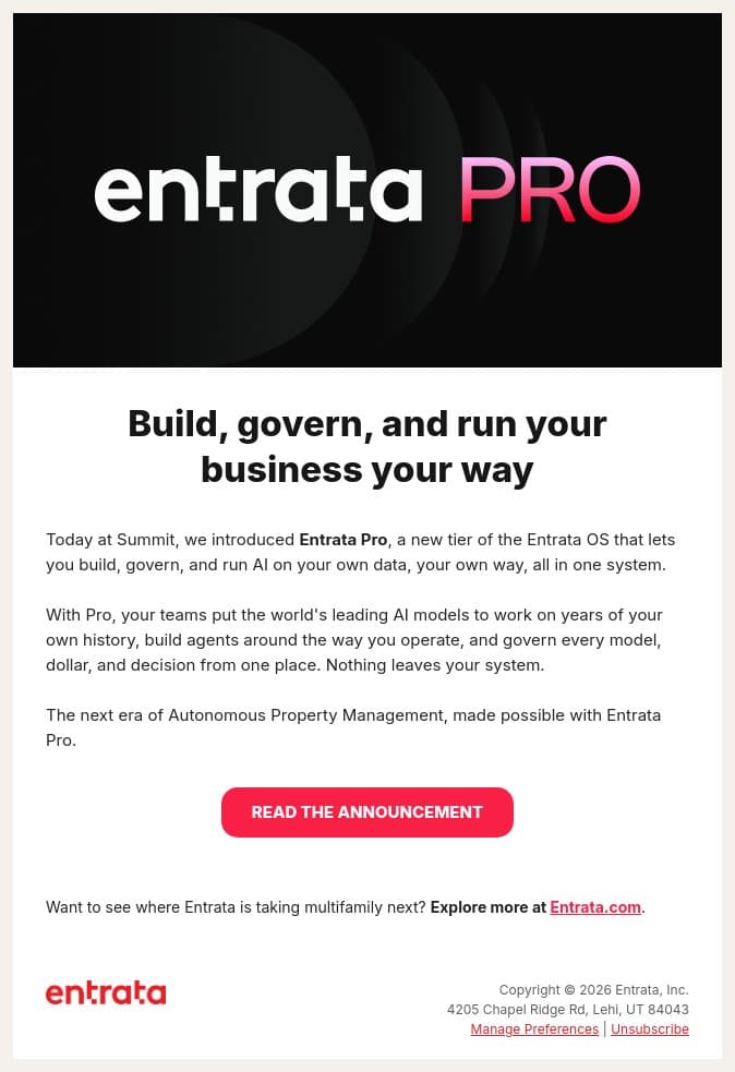 🚀 Just announced at Summit: Entrata Pro email from Entrata screenshot