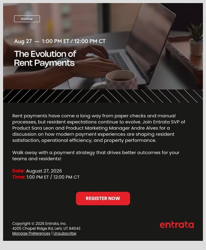 New webinar from Entrata - The Evolution of Rent Payments email from Entrata screenshot