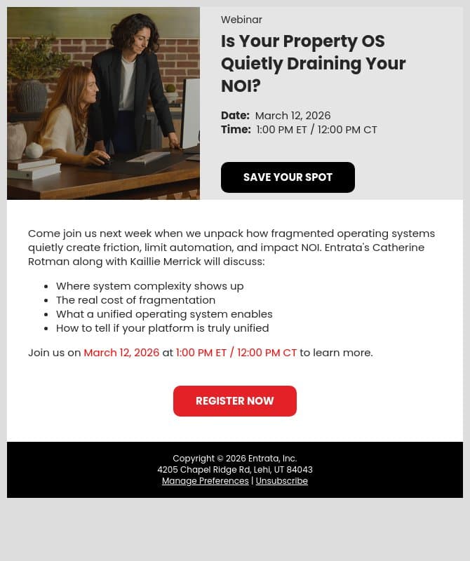 👀 Is Your Property OS Quietly Draining Your NOI? Come Find Out email from Entrata screenshot