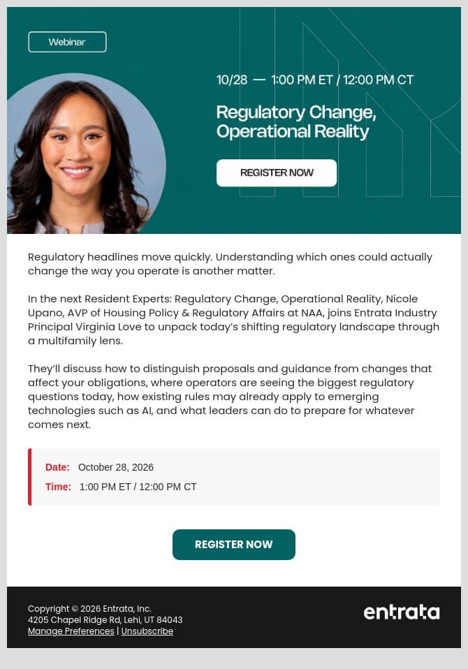 New webinar: Which regulatory changes actually matter for multifamily? email from Entrata screenshot