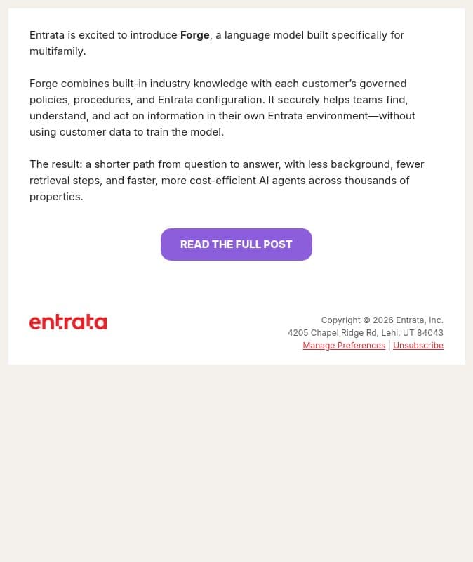 🔥 Introducing Forge: AI built for multifamily email from Entrata screenshot
