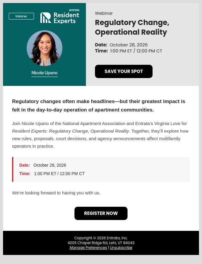 New regulations, real impact: What operators need to know email from Entrata screenshot