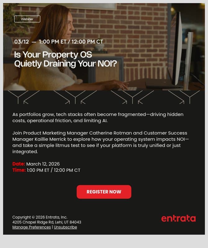💻 New Webinar from Entrata - Is Your Property OS Quietly Draining Your NOI? email from Entrata screenshot