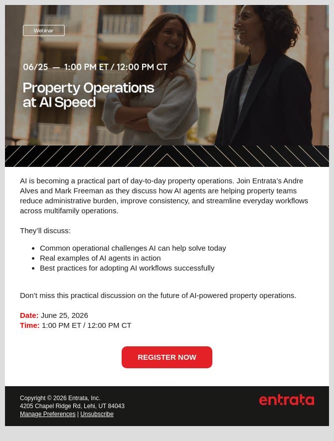 🤖 New Webinar from Entrata - Property Operations at AI Speed email from Entrata screenshot