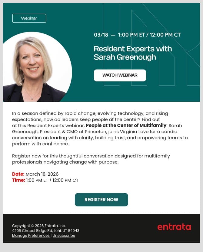 💻 New Webinar: Innovation Without Sacrificing Human Connection email from Entrata screenshot