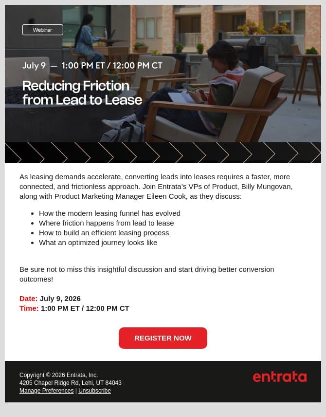 🎯 Entrata Webinar Invitation: Turn More Leads Into Leases email from Entrata screenshot