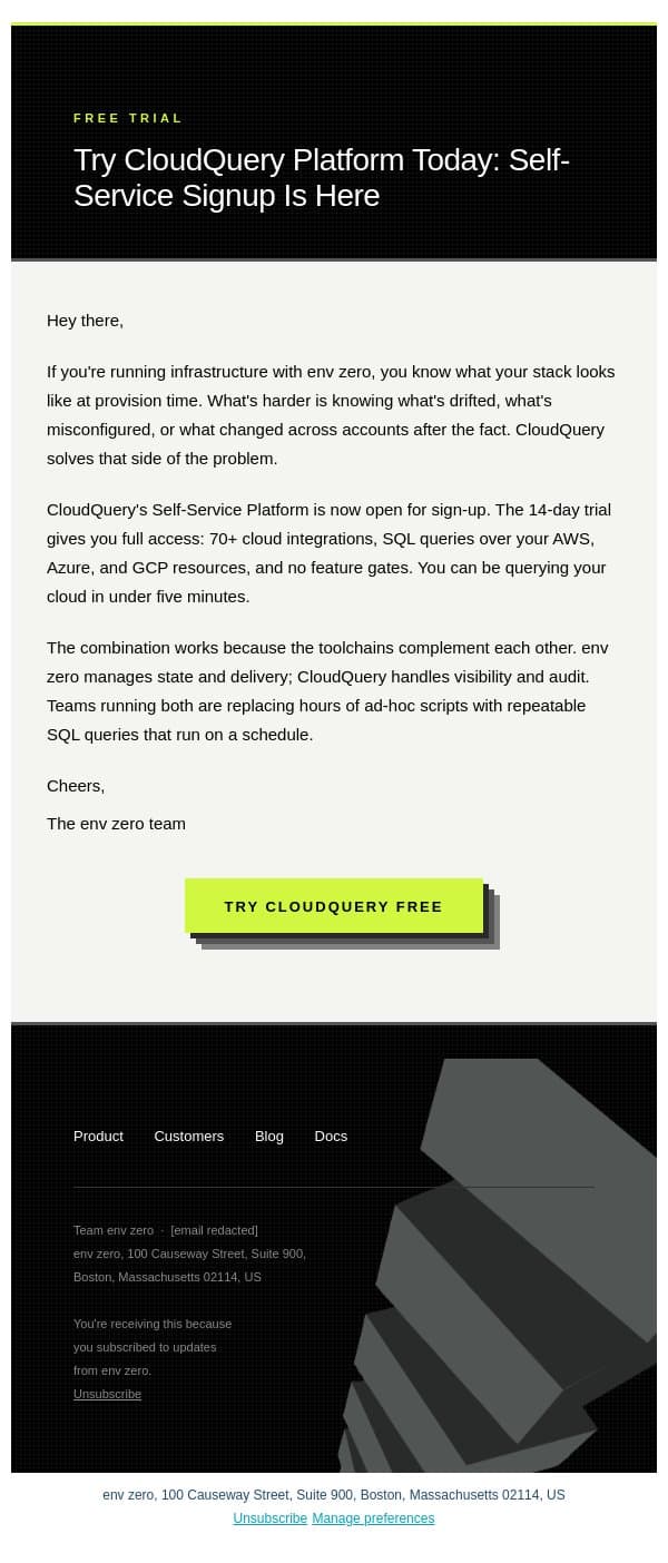 Try CloudQuery Platform Today: Self-Service Signup Is Here email from Env0 screenshot